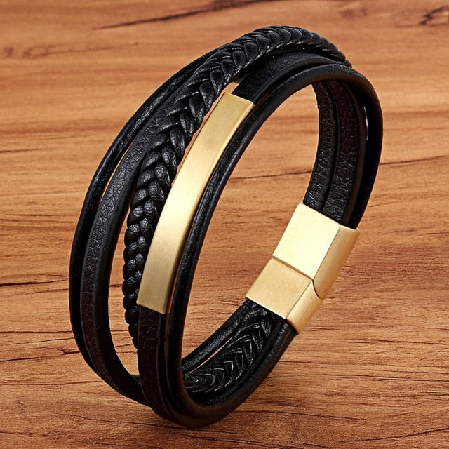 multilayer läderarmband herr med detaljer i guld